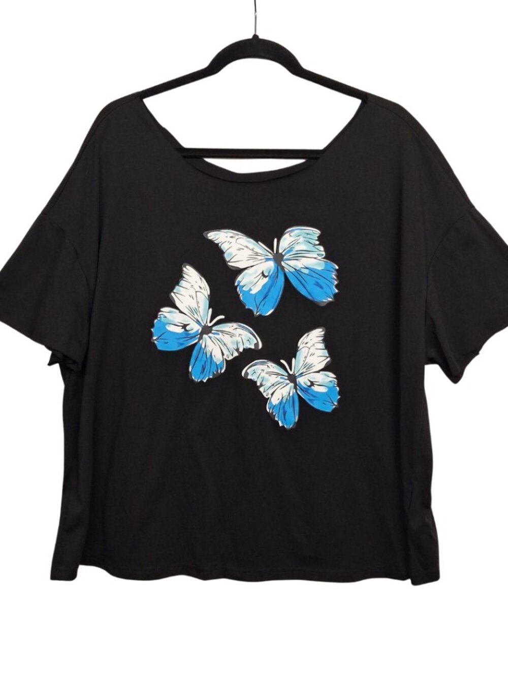 SHEIN CURVE Butterfly Top Black Blue Raw Cut Short Sleeve Stretchy 1XL
